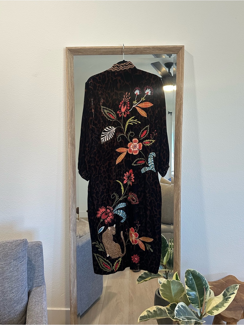 Embroidered Black Velvet Midi Dress with Floral Motif Cape Kimono Duster